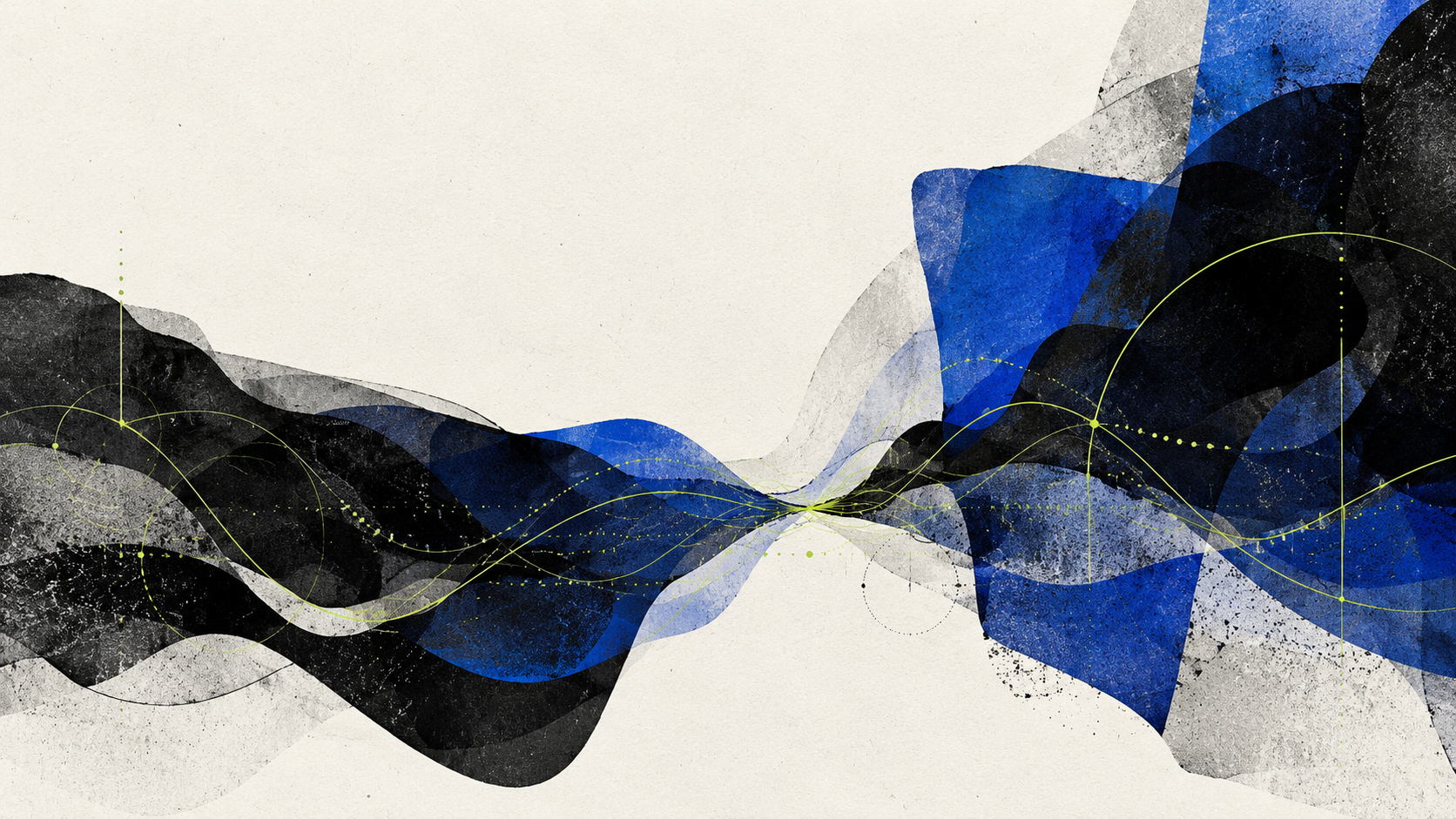 Abstract overlapping blue and black forms threaded with fine lime signal lines